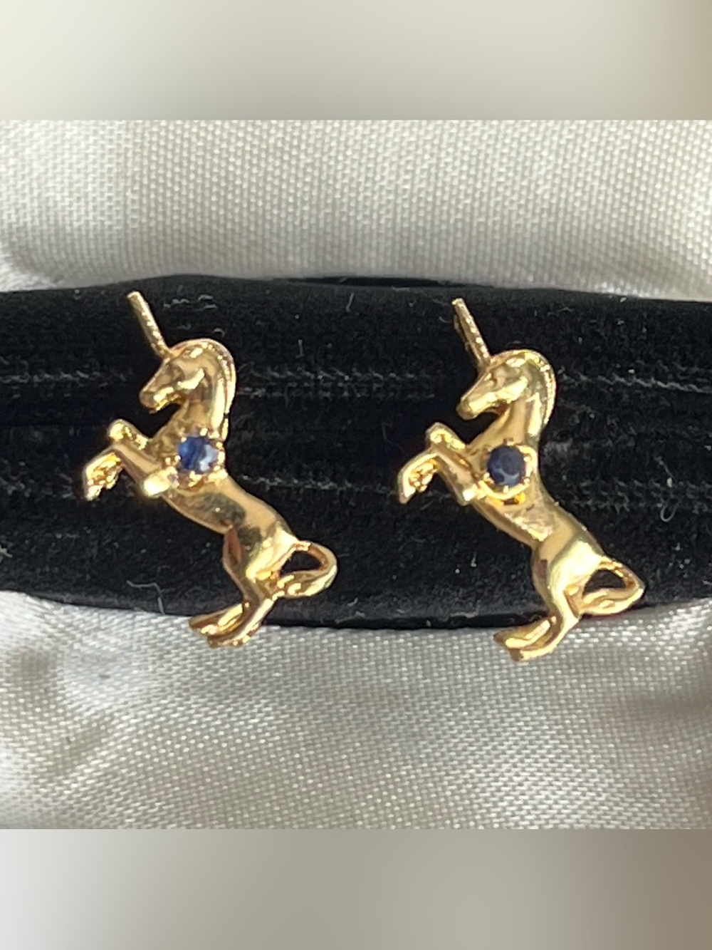 Vintage Gold Unicorn Stud Earrings with Blue Gemstone